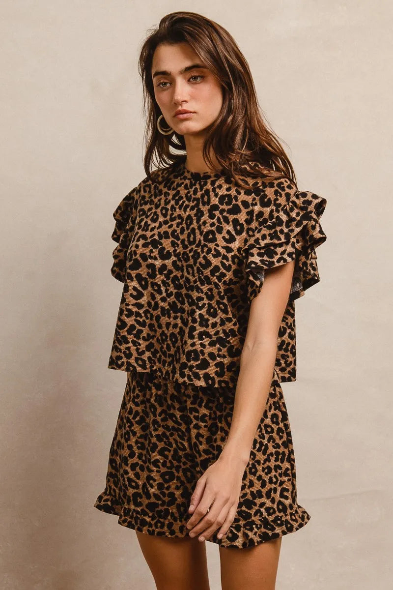 BiBi Leopard Print Waffle Texture Layered Ruffle Sleeve Top and Shorts Set - Tigbul's Variety Fashion Shop