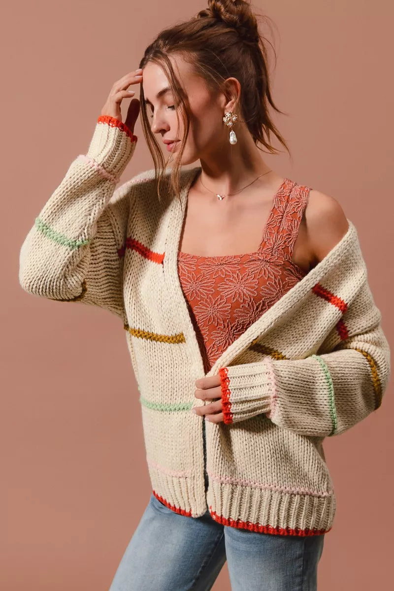 SO ME Loose Fit Multi Stripe Open Front Cardigan - Tigbul's Variety Fashion Shop