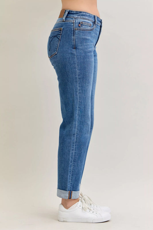 Judy Blue Full Size Mid Rise BF Classic Cuffed Jeans Plus Size - Tigbul's Variety Fashion Shop