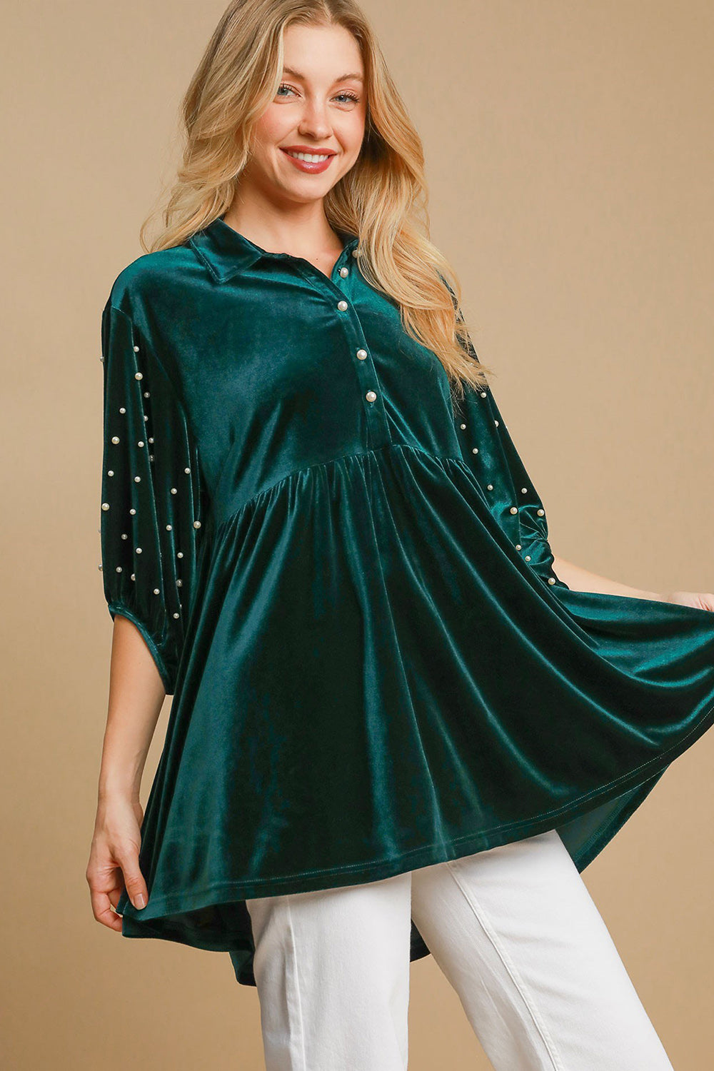 Pearl Detail Half Sleeve Velvet Babydoll Blouse - Tigbul's Variety Fashion Shop