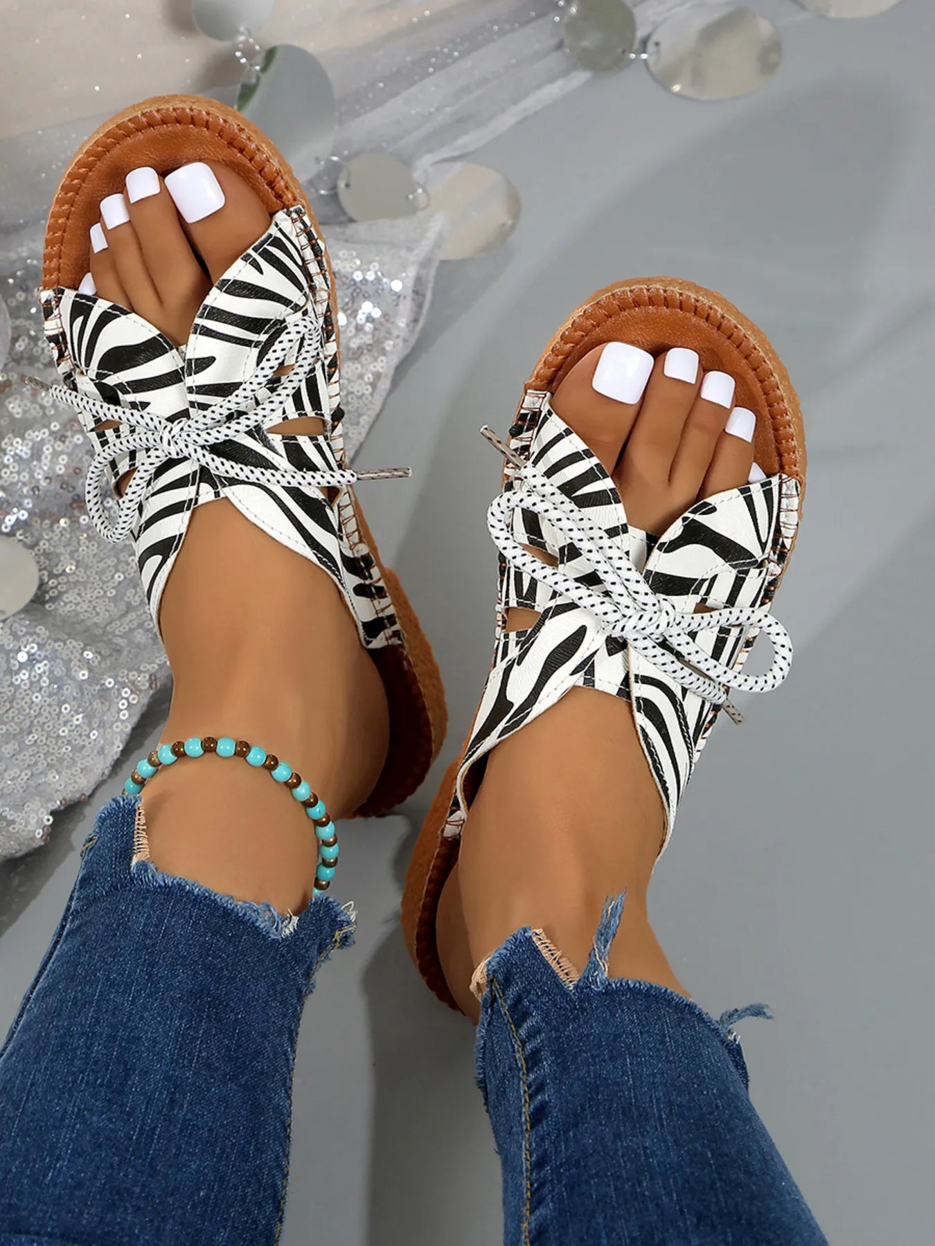Printed Tied Flat Sandals - Tigbul's Variety Fashion Shop