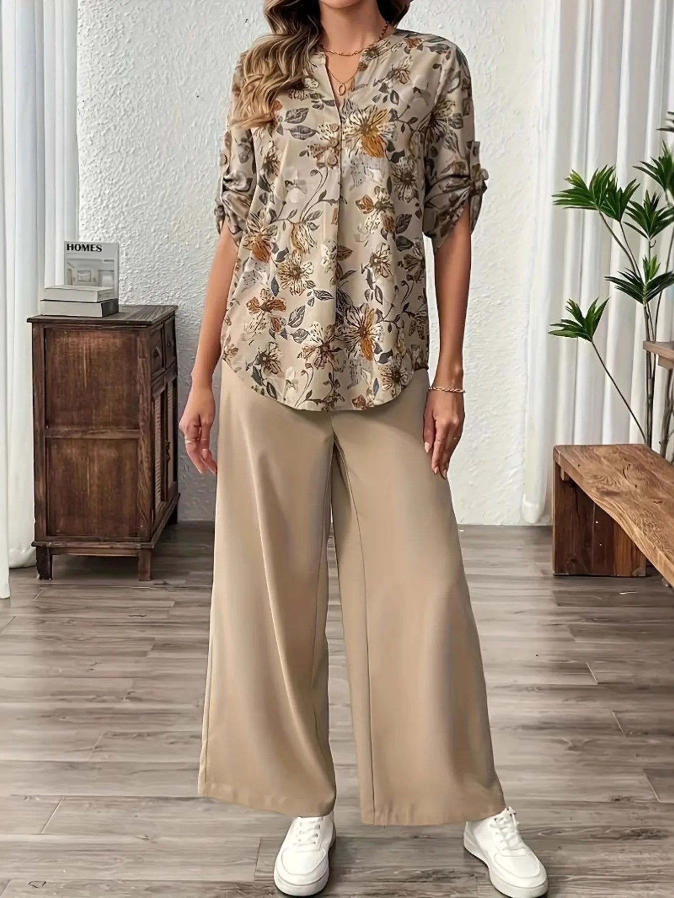 Printed Notched Long Sleeve Top and Pants Set - Tigbul's Variety Fashion Shop