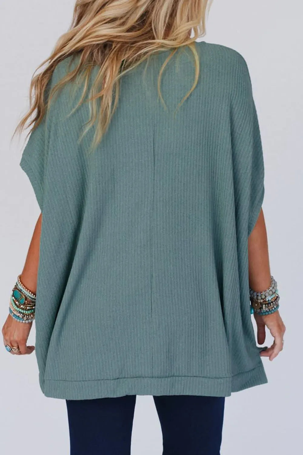 Blue Oversized Ribbed Knit V Neck Dolman Short Sleeve Top - Tigbul's Variety Fashion Shop