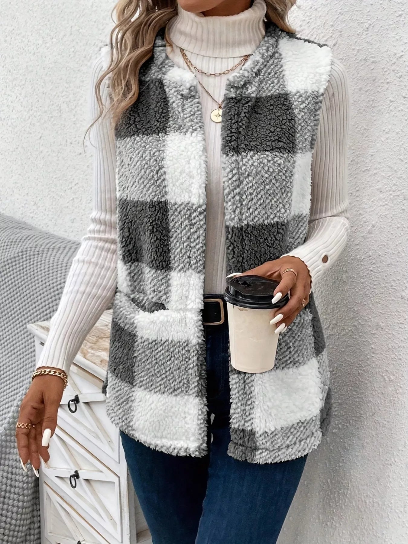 Plaid Sherpa Vest Coat with Pockets - Tigbul's Variety Fashion Shop