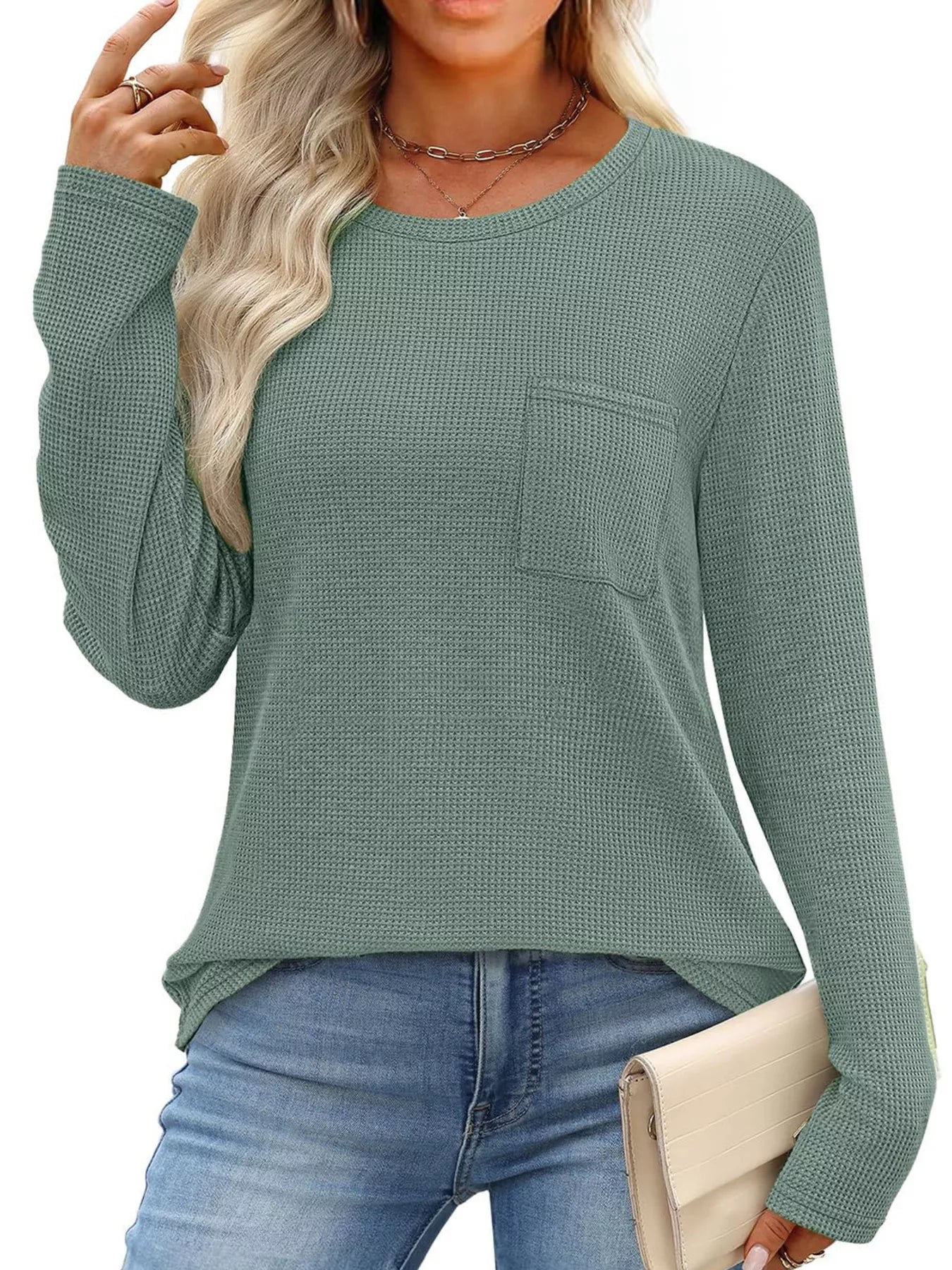 Waffle Knit Long Sleeve Pocket T-Shirt - Tigbul's Variety Fashion Shop