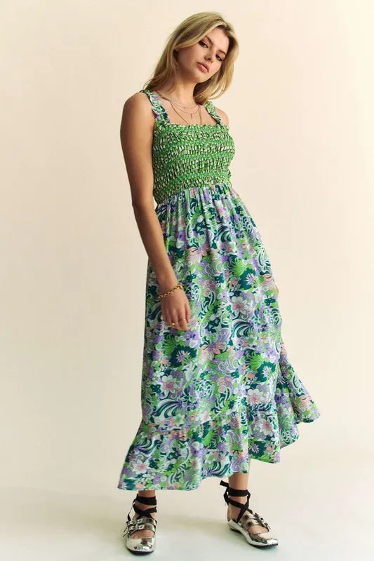 Multi Smocked Bodice Geo Ruffle Strappy Midi Dress - Tigbul's Variety Fashion Shop