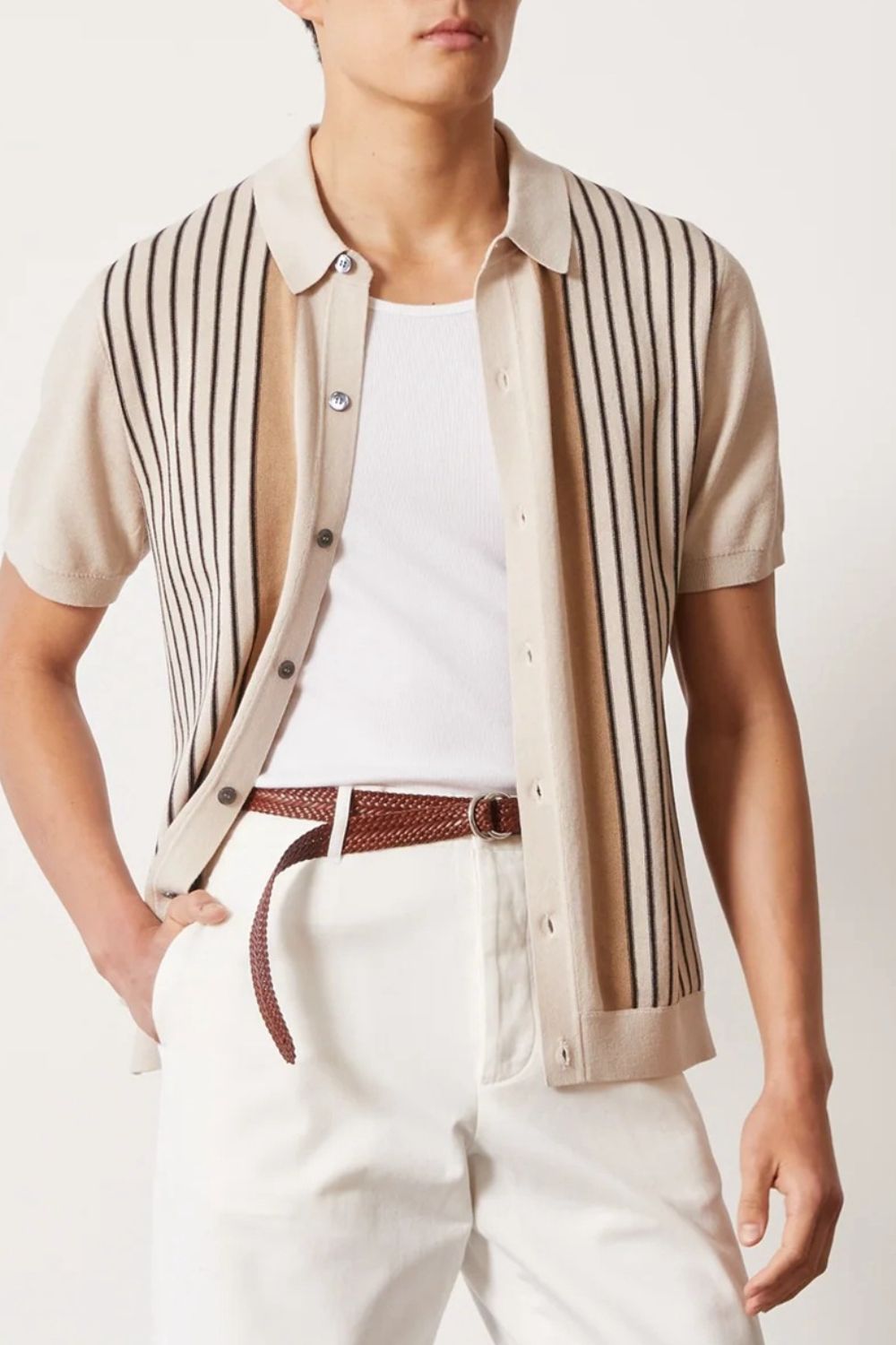 Men's Size L to 3XL Beige Striped Buttoned Short Sleeve Shirt - Tigbul's Variety Fashion Shop