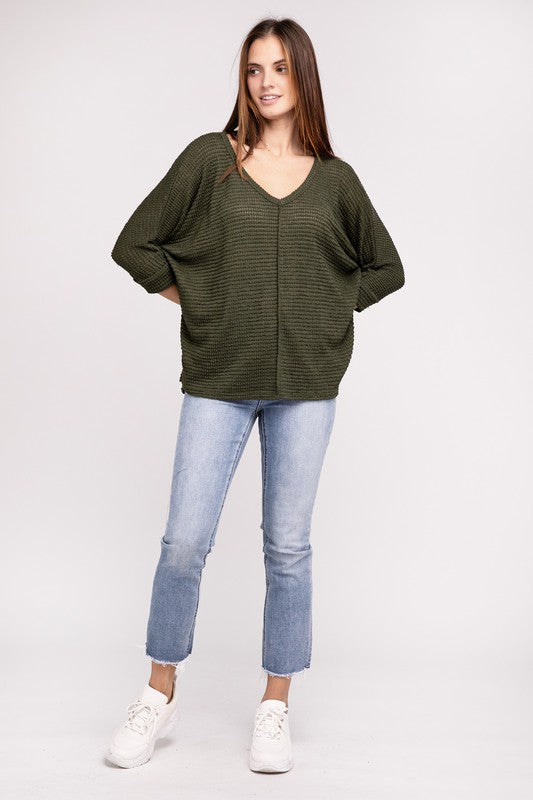 3/4 Sleeve V-Neck Hi-Low Hem Jacquard Sweater - Tigbul's Variety Fashion Shop