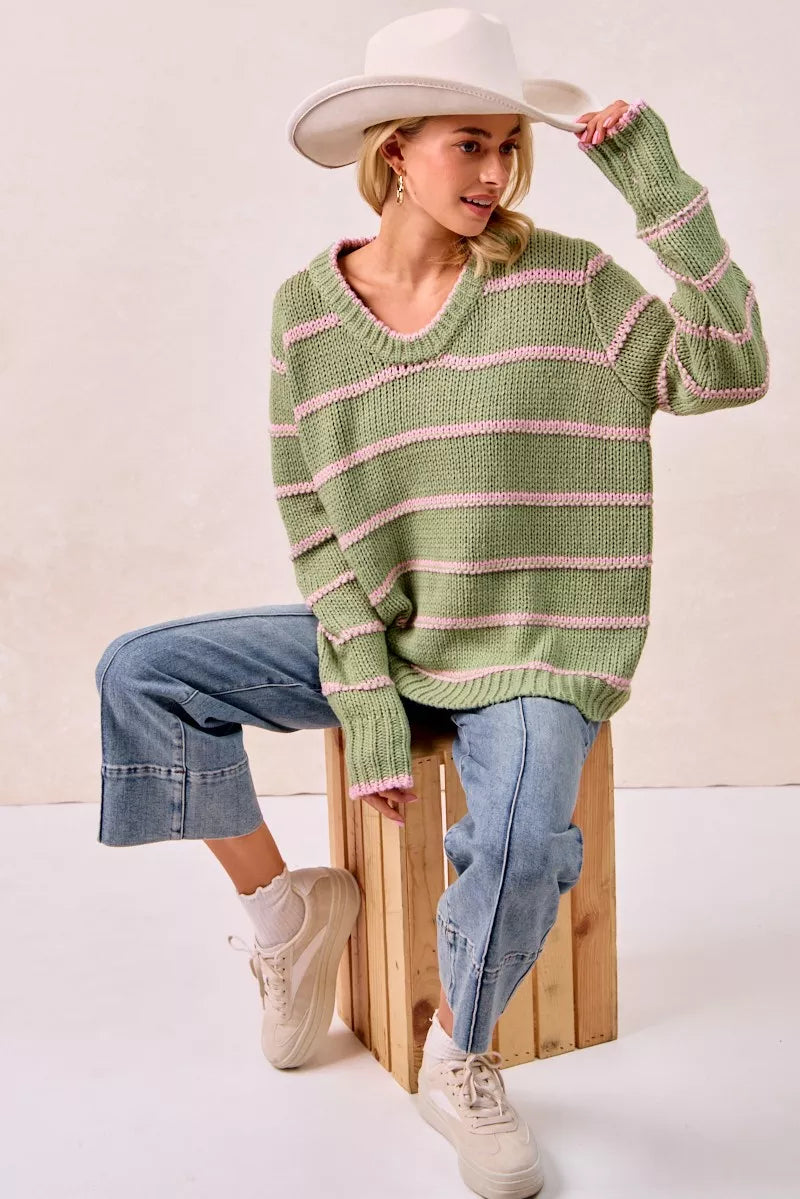 BiBi Striped Long Sleeve Sweater - Tigbul's Variety Fashion Shop