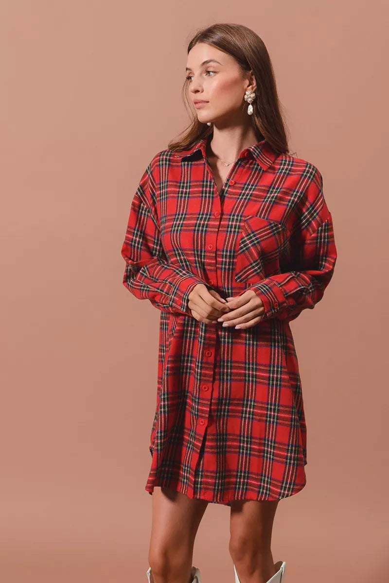 SO ME Christmas Checker Plaid Button Up Shirt Dress - Tigbul's Variety Fashion Shop