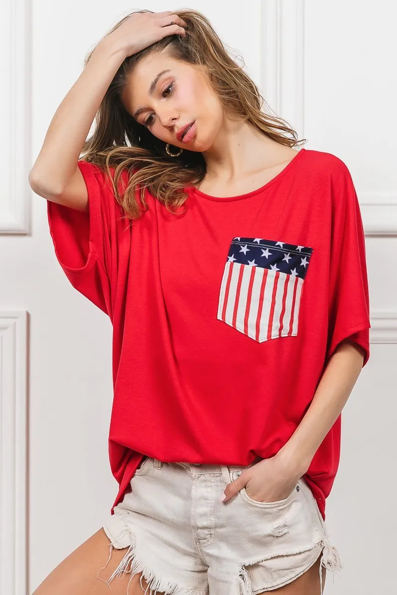 Red French Terry With Front Pocket Dolman Sleeves Top - Tigbul's Variety Fashion Shop