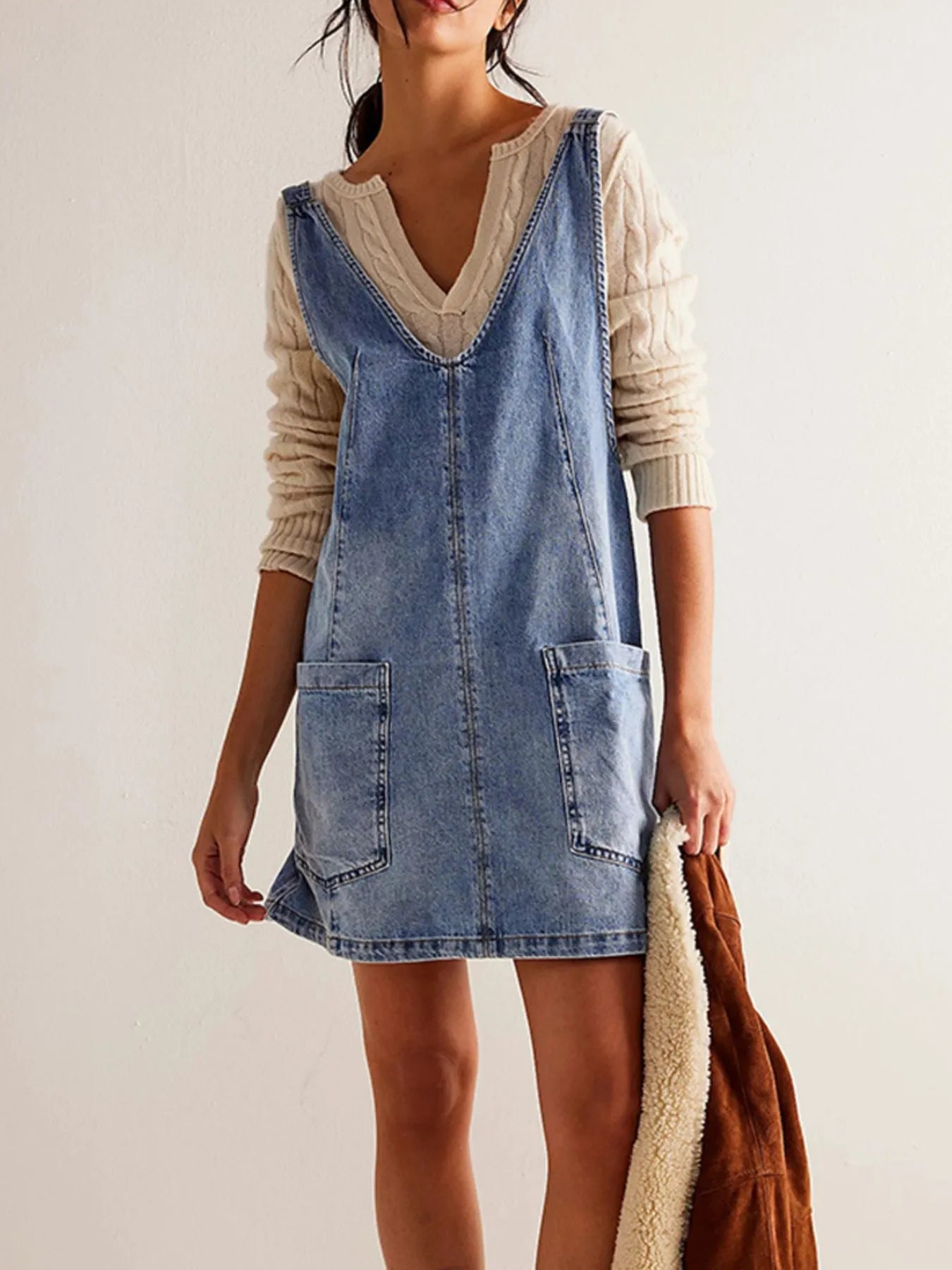 Oversized V-Neck Denim Tank Dress with Front Pockets - Tigbul's Variety Fashion Shop