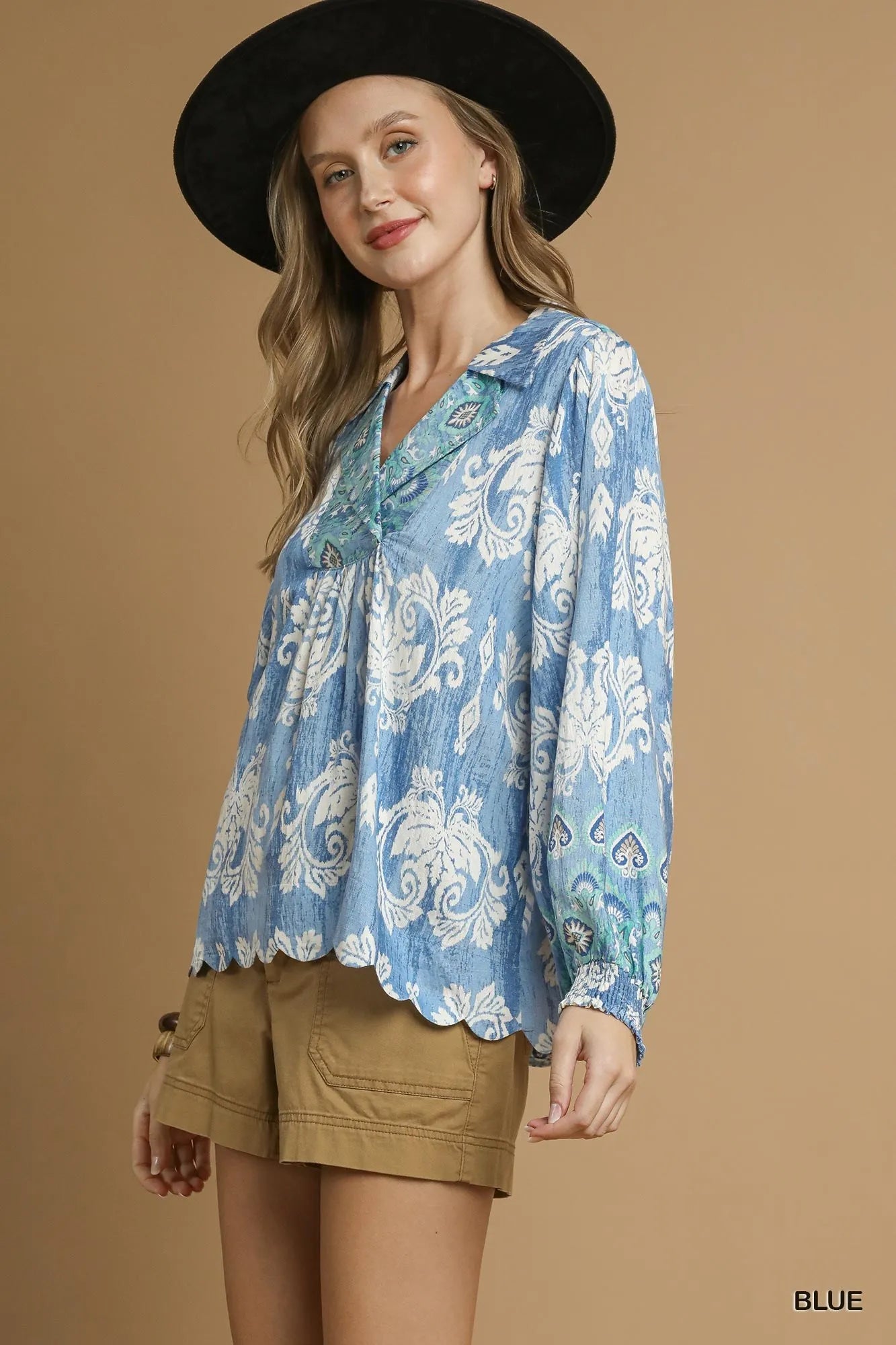 Umgee Printed Long Sleeve Blouse - Tigbul's Variety Fashion Shop