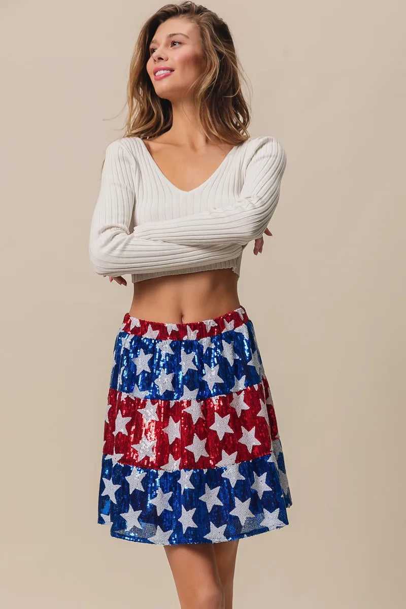 American Flag Theme Star Sequin Tiered Skirt - Tigbul's Variety Fashion Shop