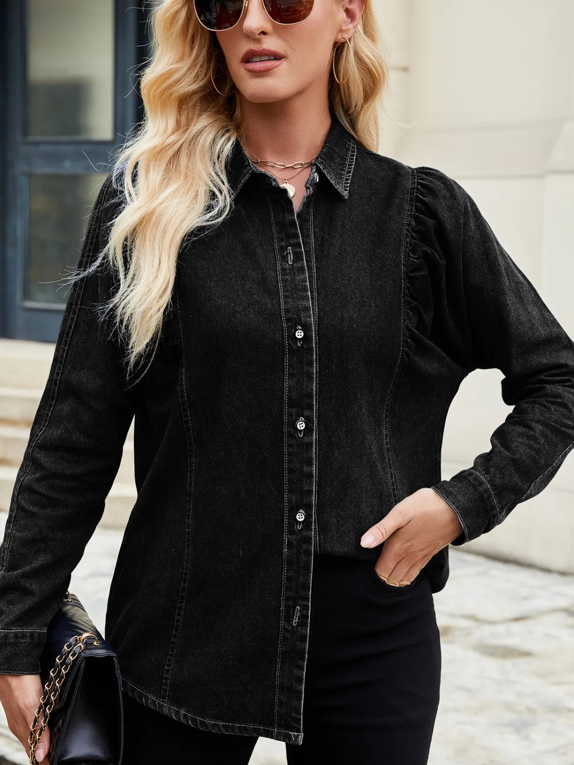Button Down Collared Neck Denim Shirt - Tigbul's Variety Fashion Shop