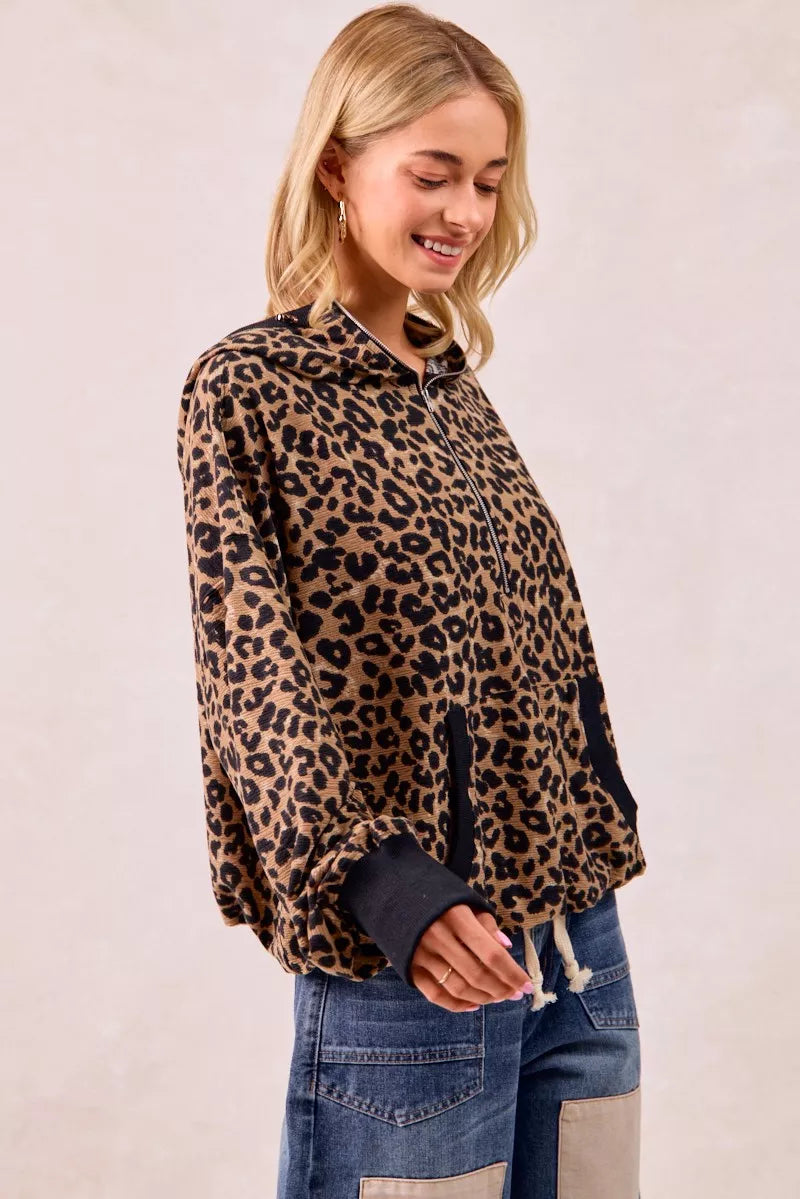 BiBi Leopard Print Waffle Half Zip Up Hoodie W Pocket - Tigbul's Variety Fashion Shop