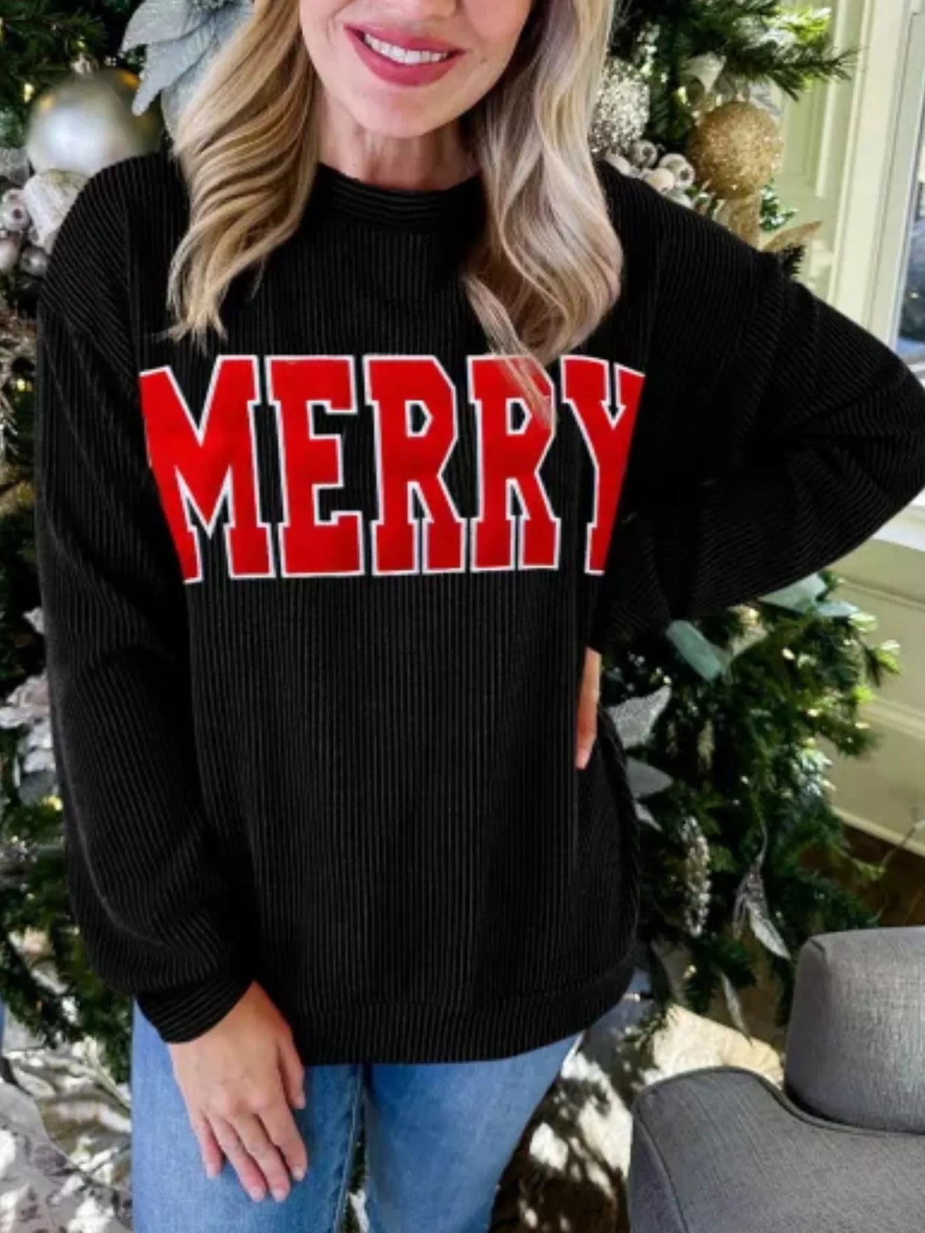 MERRY Round Neck Christmas Sweatshirt - Tigbul's Variety Fashion Shop