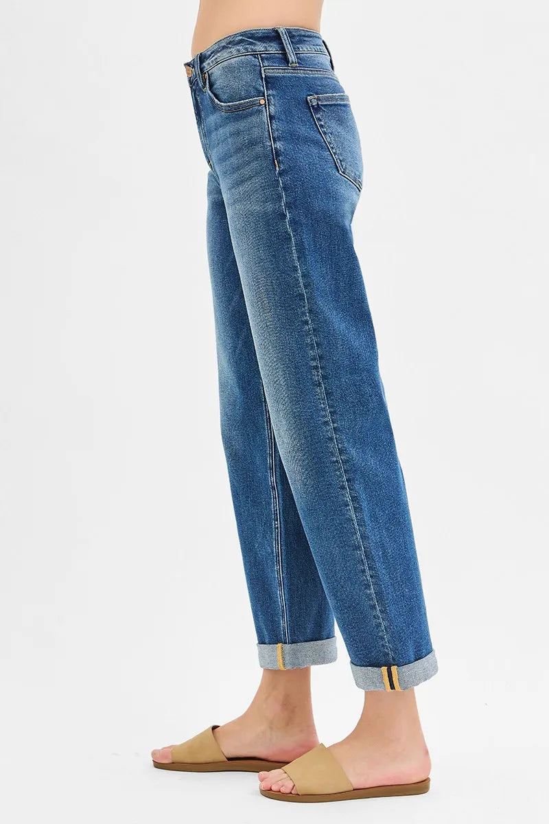 RISEN Full Size Mid Rise Boyfriend Roll Up Jeans Plus Size - Tigbul's Variety Fashion Shop