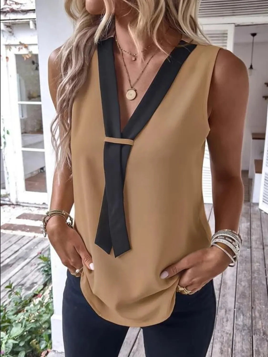 V-Neck Contrast Tank Shirt - Tigbul's Variety Fashion Shop