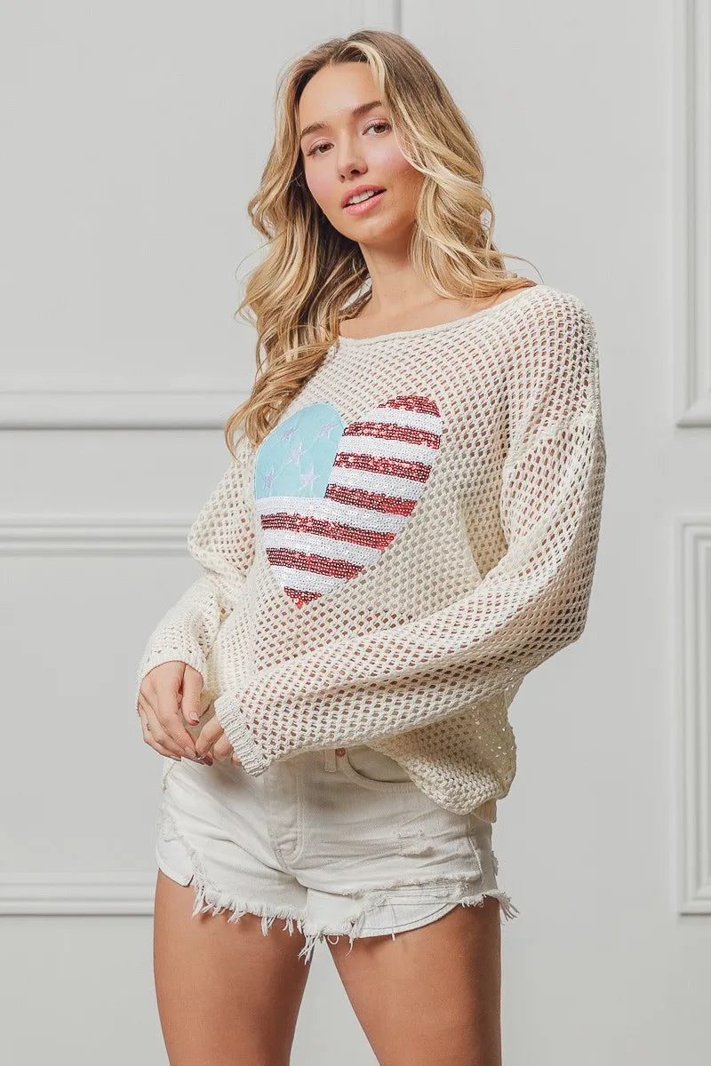 Off White Sequin American Flag Heart Knit Top - Tigbul's Variety Fashion Shop