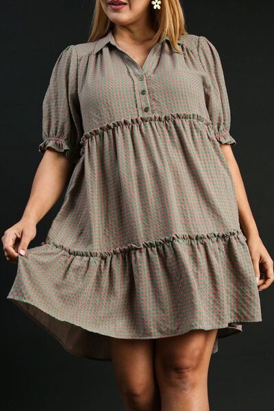 Green/Pink Plaid Frill Button Detail Ruffled Short Sleeve Dress - Tigbul's Variety Fashion Shop