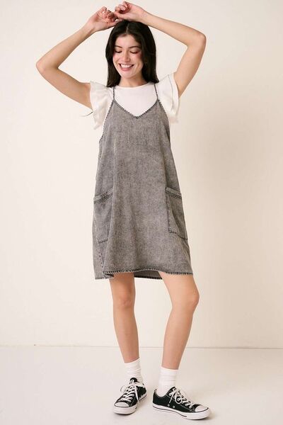 Gray Washed Patch Pocket Mini Cami Denim Dress - Tigbul's Variety Fashion Shop