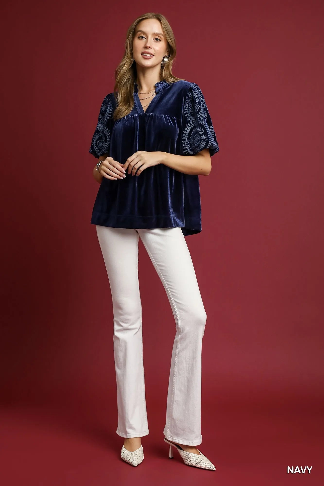 Umgee Full Size Velvet Embroidered Sleeve Blouse Plus Size - Tigbul's Variety Fashion Shop