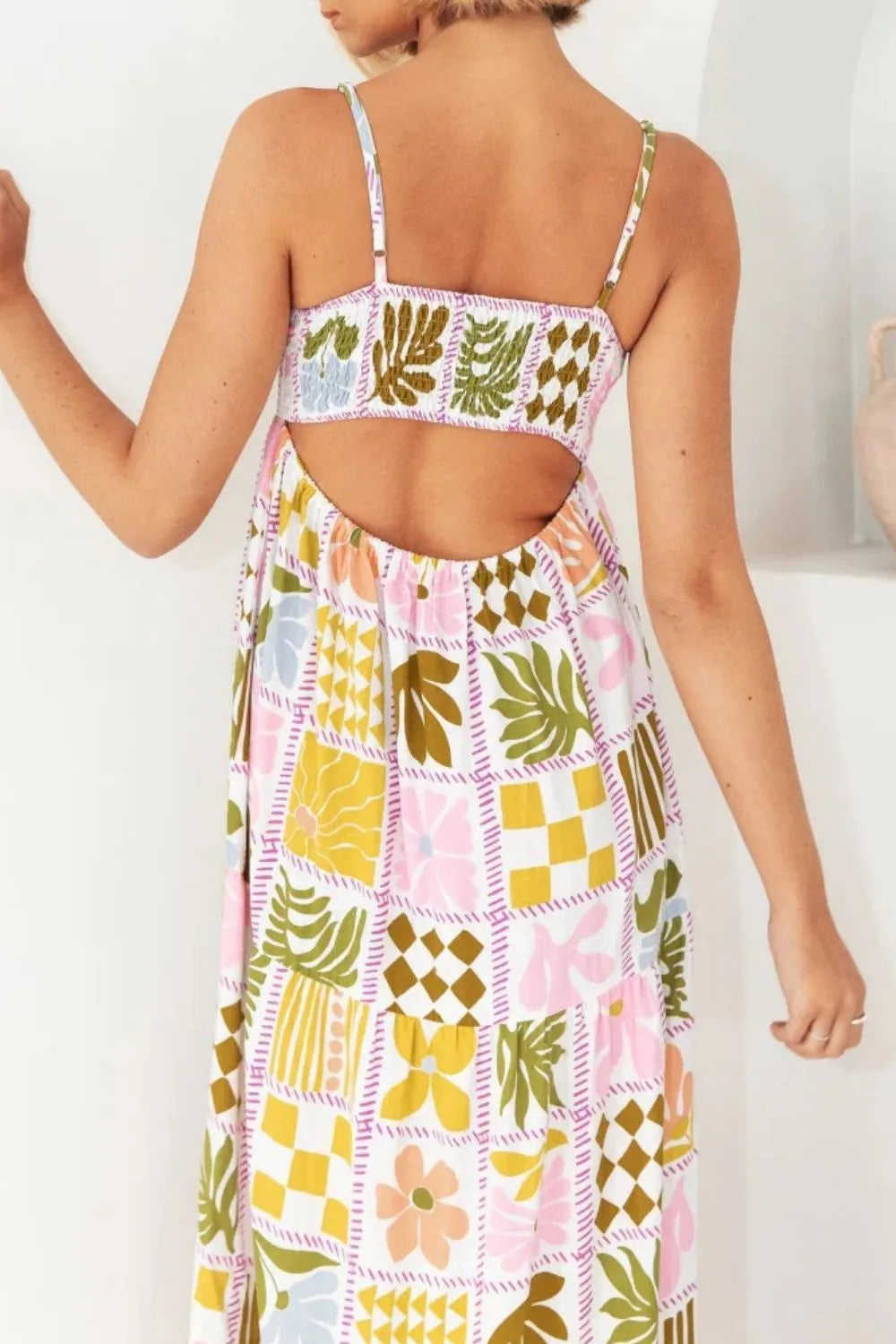 Cutout Back Printed Square Neck Maxi Cami Dress - Tigbul's Variety Fashion Shop