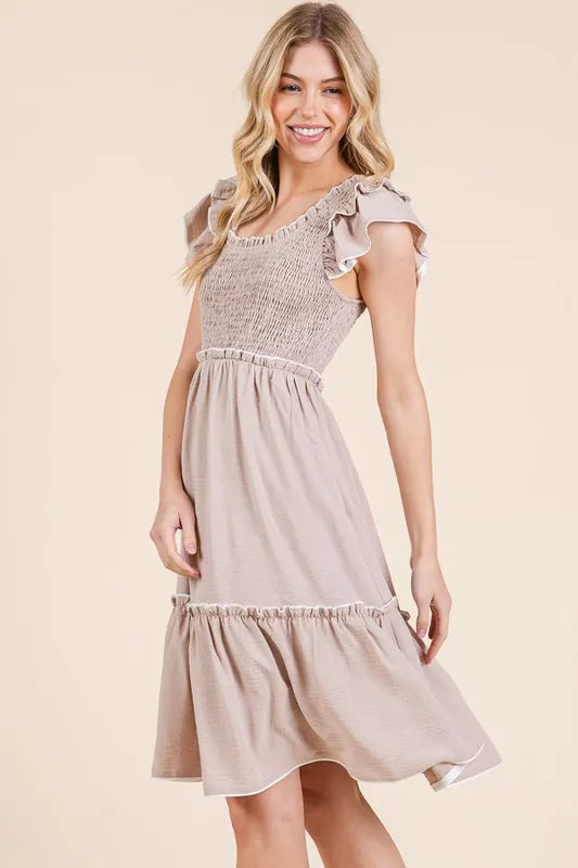 Taupe Color Ruffle Trim Smocked Dress - Tigbul's Variety Fashion Shop