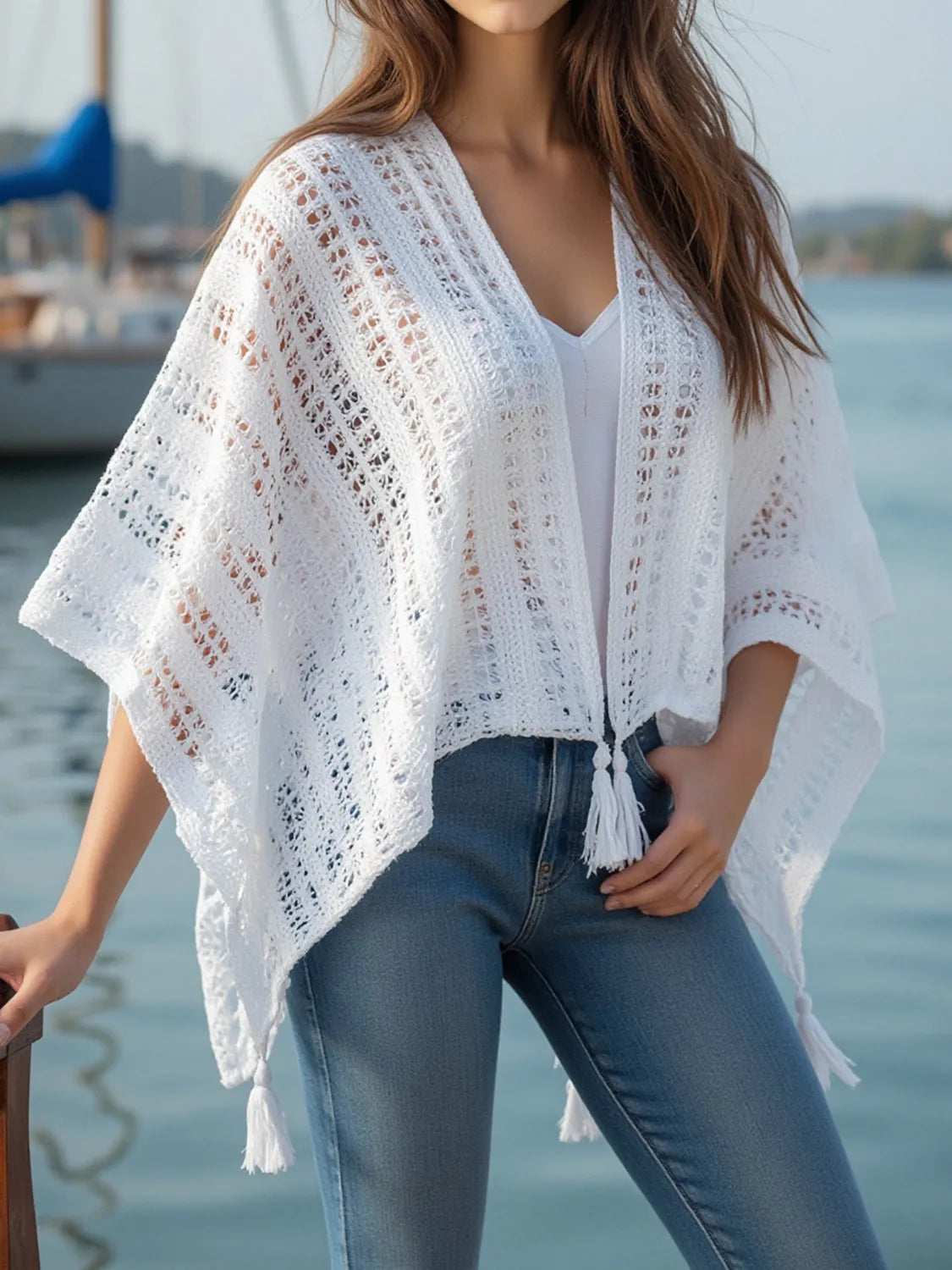 Openwork Tassel Open Front Knit Cover Up - Tigbul's Variety Fashion Shop