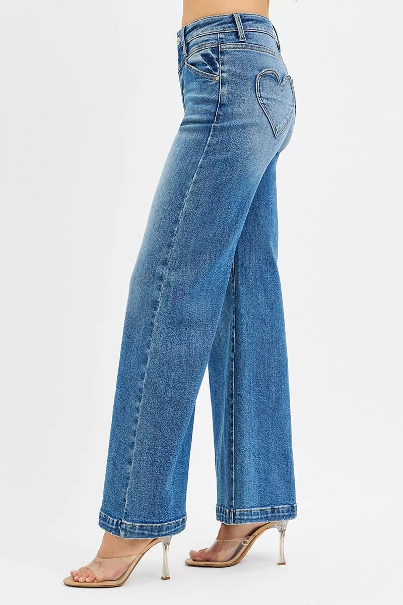 RISEN High Rise Wide Leg Jenas with Front Yoke and Heart Back Pocket - Tigbul's Variety Fashion Shop