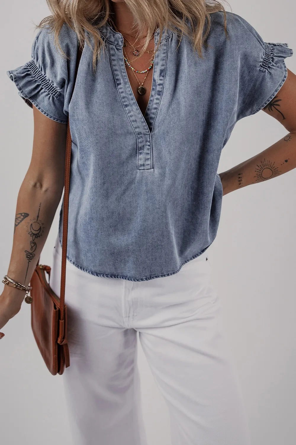 V Neck Ruffled Short Puff Sleeve Denim Top - Tigbul's Variety Fashion Shop