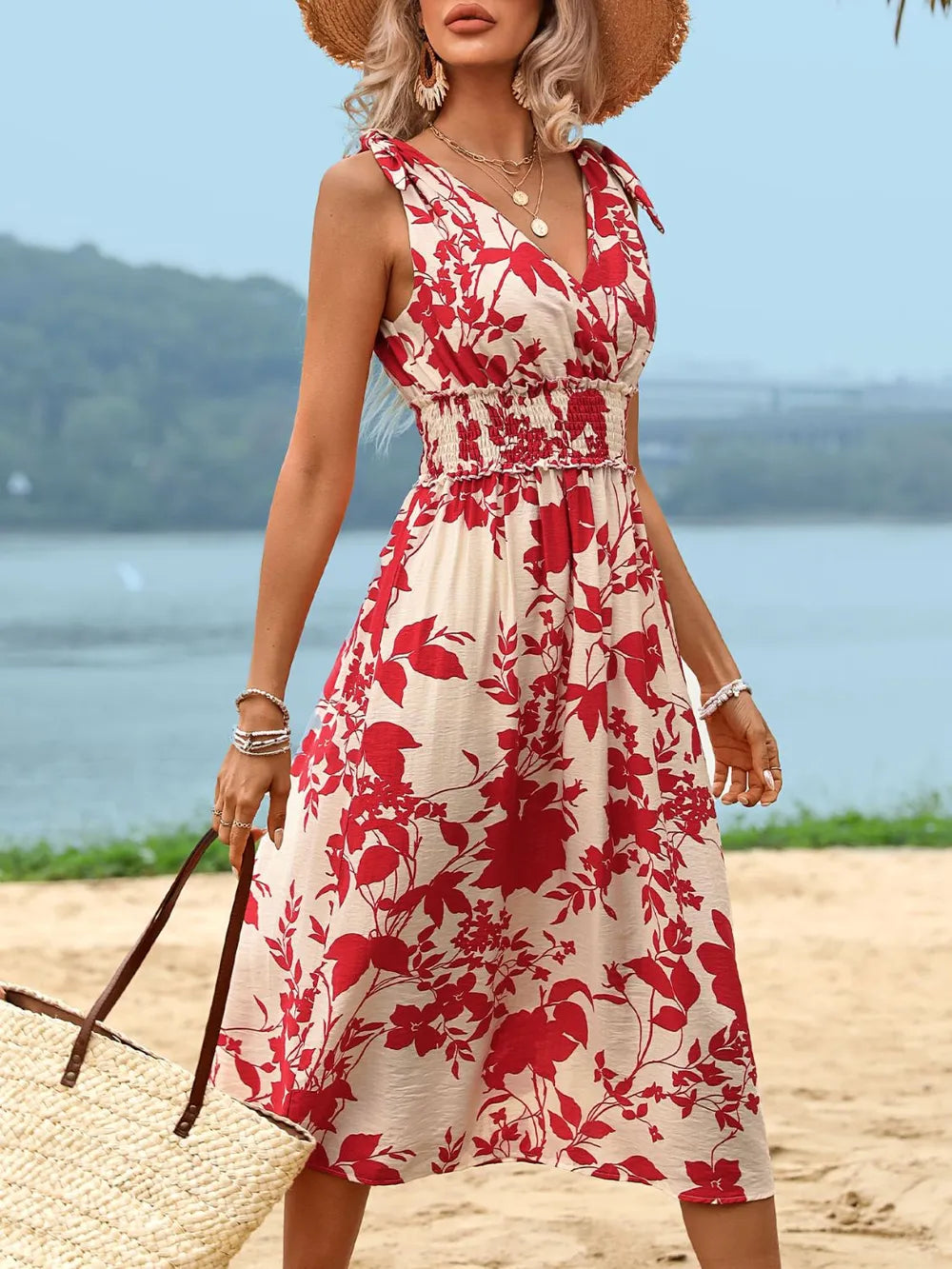 Red Smocked Printed Surplice Midi Dress - Tigbul's Variety Fashion Shop