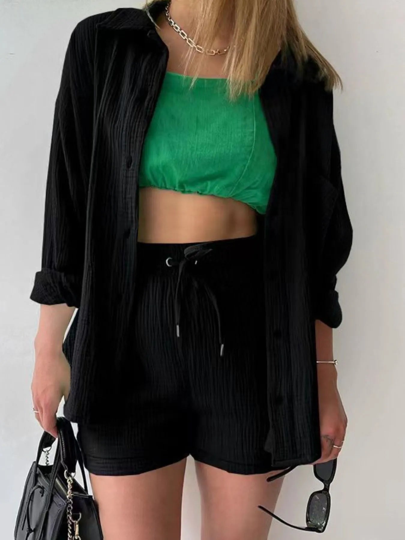 Textured Button Up Shirt and Shorts Set - Tigbul's Variety Fashion Shop