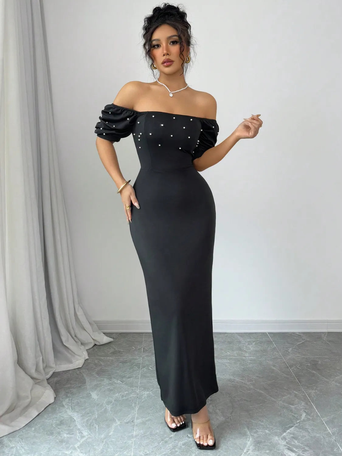 Off Shoulder Short Sleeve Maxi Dress - Tigbul's Variety Fashion Shop
