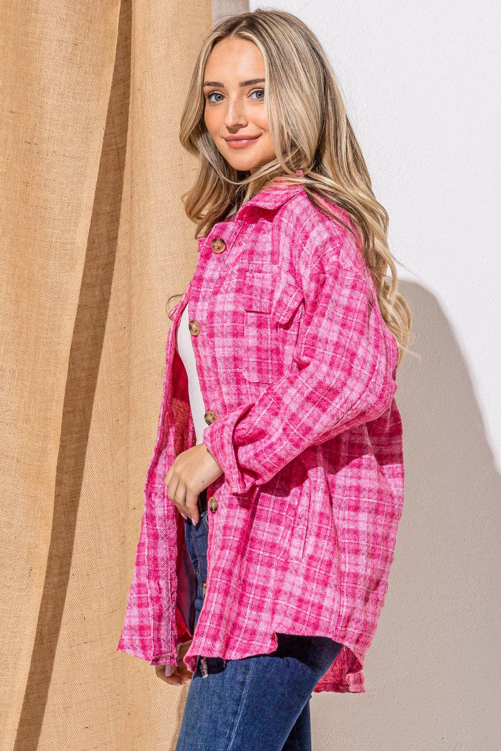 Fuchsia Tweed Button Down Long Sleeve Shacket - Tigbul's Variety Fashion Shop