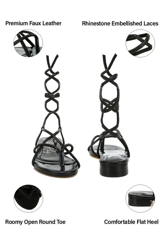 Babbity Rhinestone Embellished Lace-Up Sandals - Tigbul's Variety Fashion Shop
