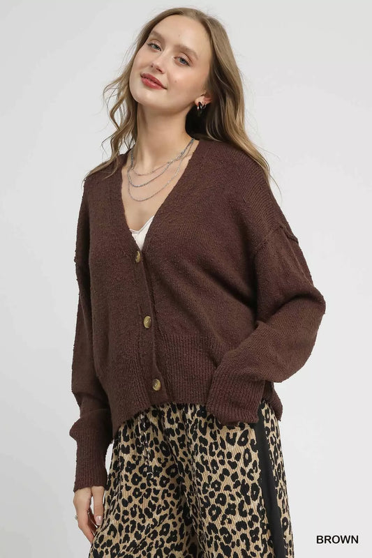 Brown Button-Front V-Neck Knit Cardigan - Tigbul's Variety Fashion Shop
