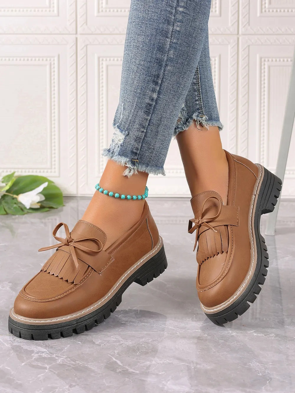 PU Leather Bow Platform Loafers - Tigbul's Variety Fashion Shop