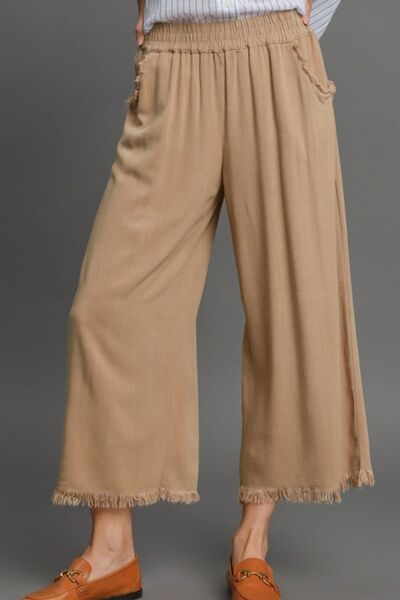 Tan Linen Blend Elastic Waistband Wide Leg Pants - Tigbul's Variety Fashion Shop