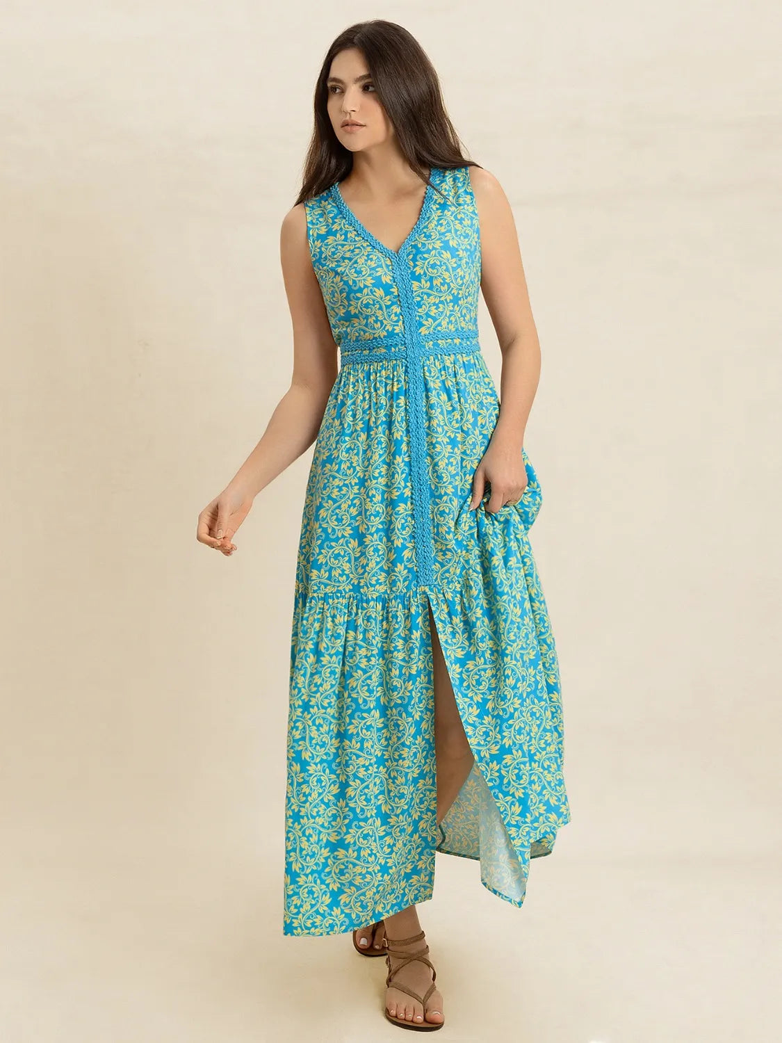 Teal Printed V-Neck Sleeveless Dress - Tigbul's Variety Fashion Shop