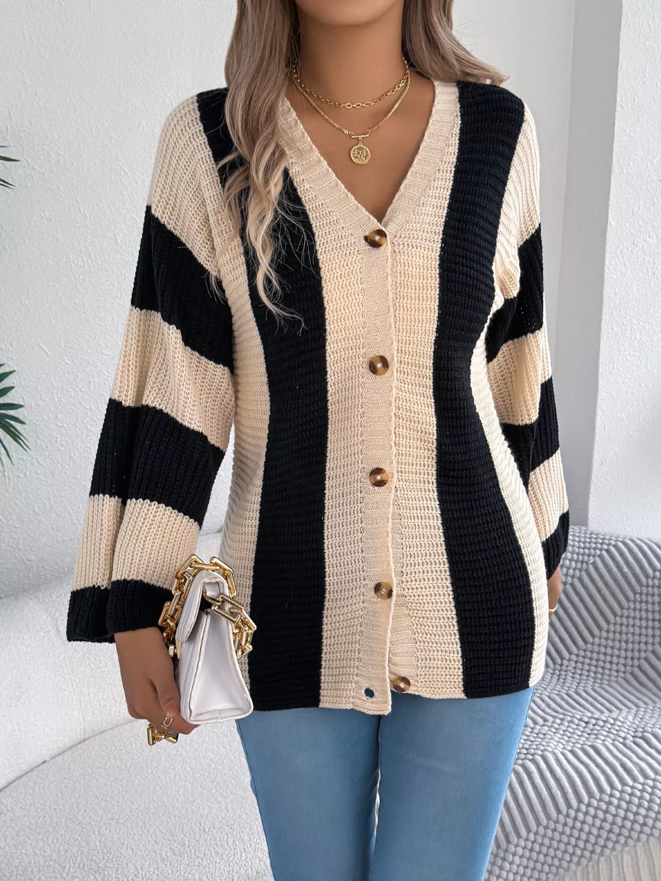 Color Block Button-Up Cardigan - Tigbul's Variety Fashion Shop