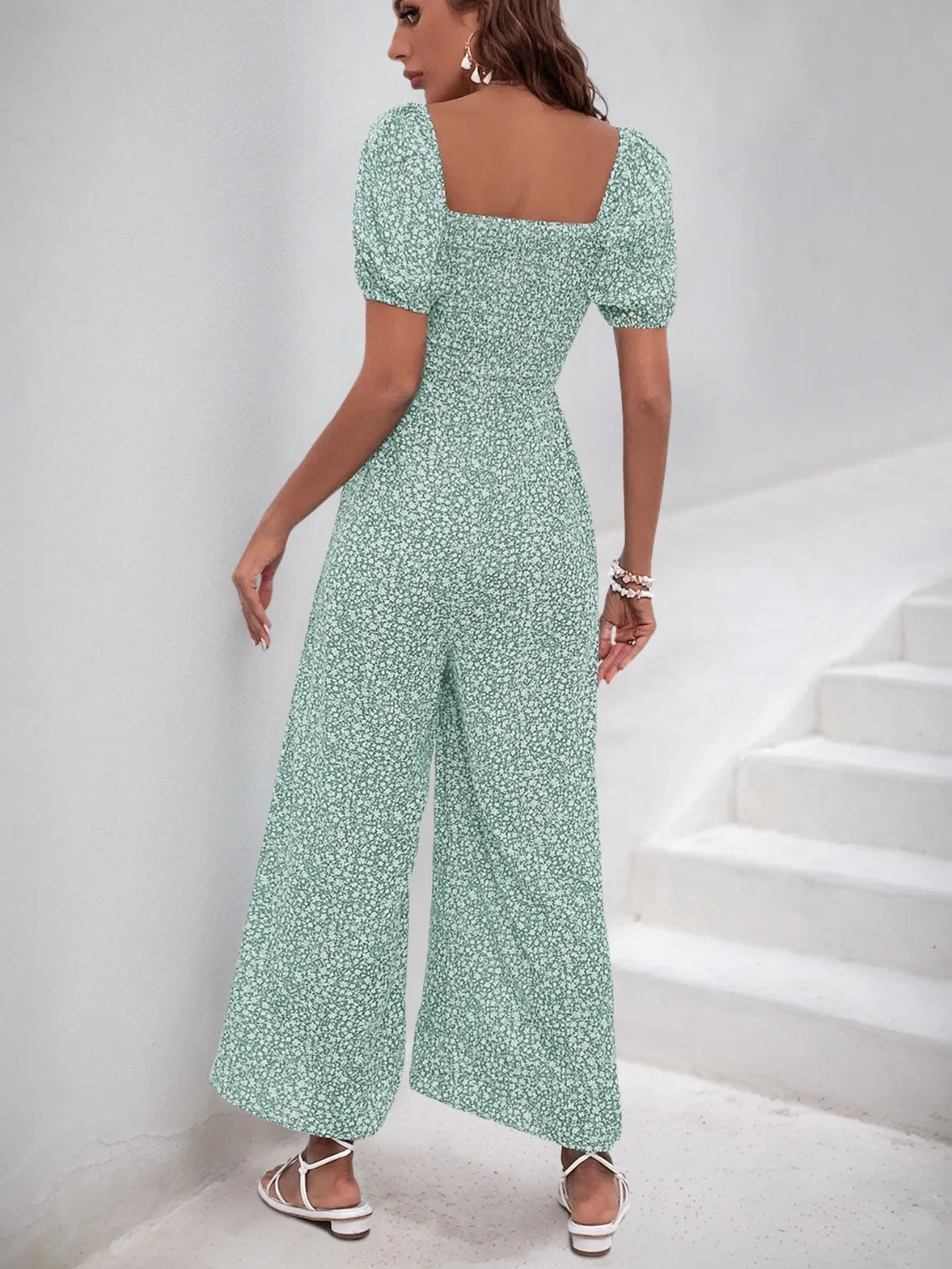 Printed Square Neck Puff Sleeve Jumpsuit - Tigbul's Variety Fashion Shop