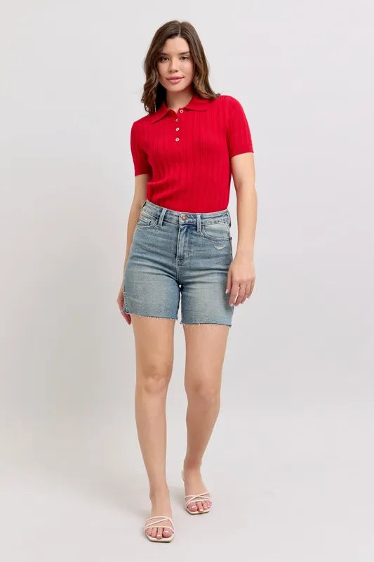 Judy Blue High Waist Vintage Wash Side Slit Denim Shorts - Tigbul's Variety Fashion Shop
