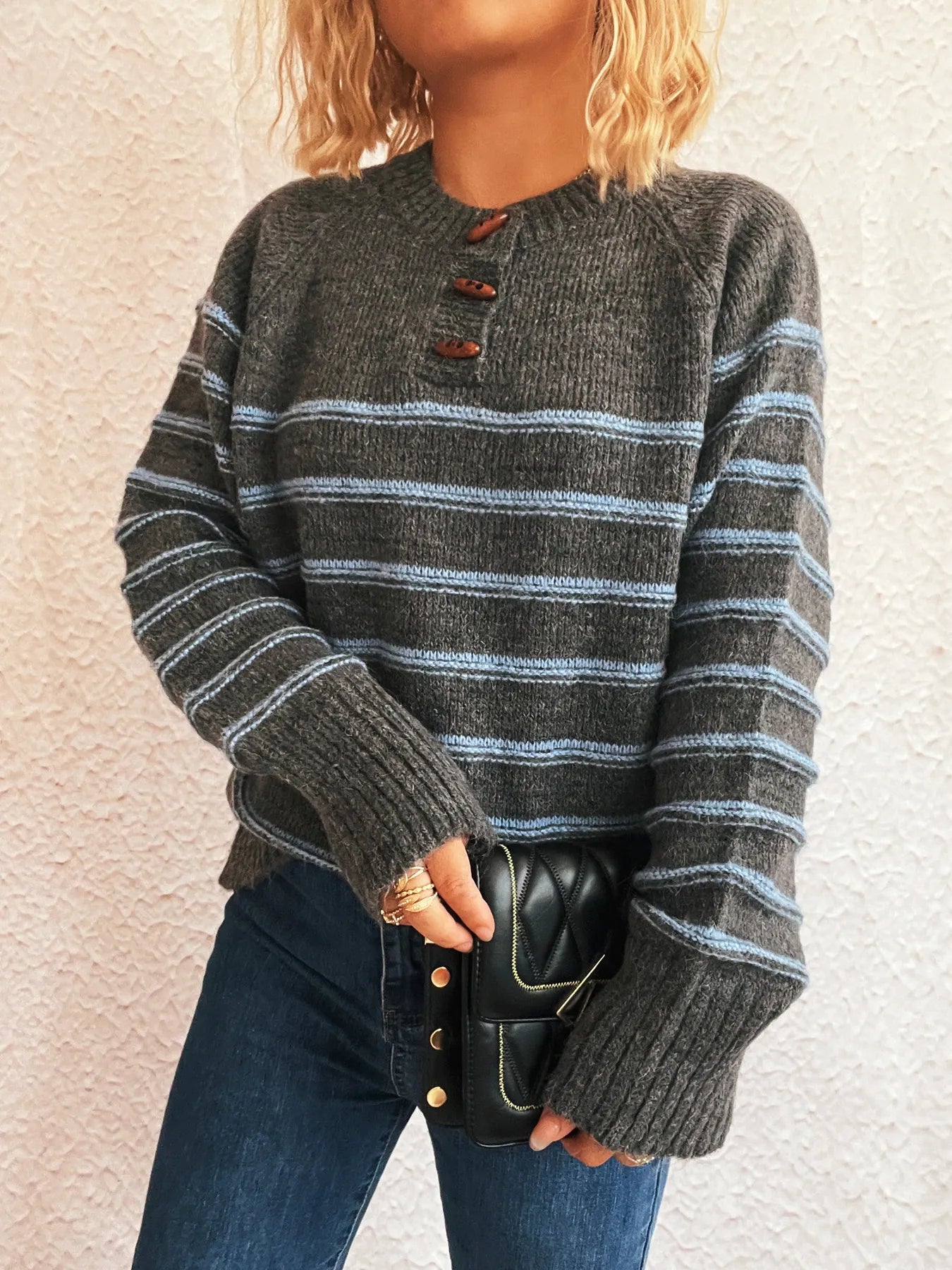 Striped Button Detail Long Sleeve Sweater - Tigbul's Variety Fashion Shop