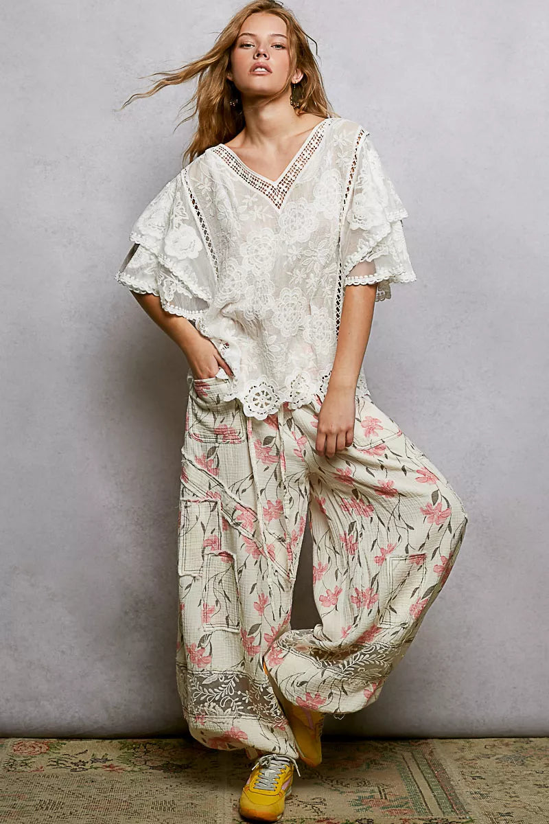 Off White Floral Crochet V-Neck Blouse Scalloped Hem - Tigbul's Variety Fashion Shop