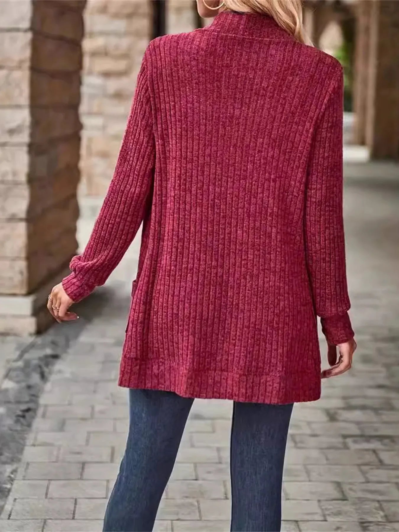 Ribbed Open Front Long Cardigan with Pockets - Tigbul's Variety Fashion Shop