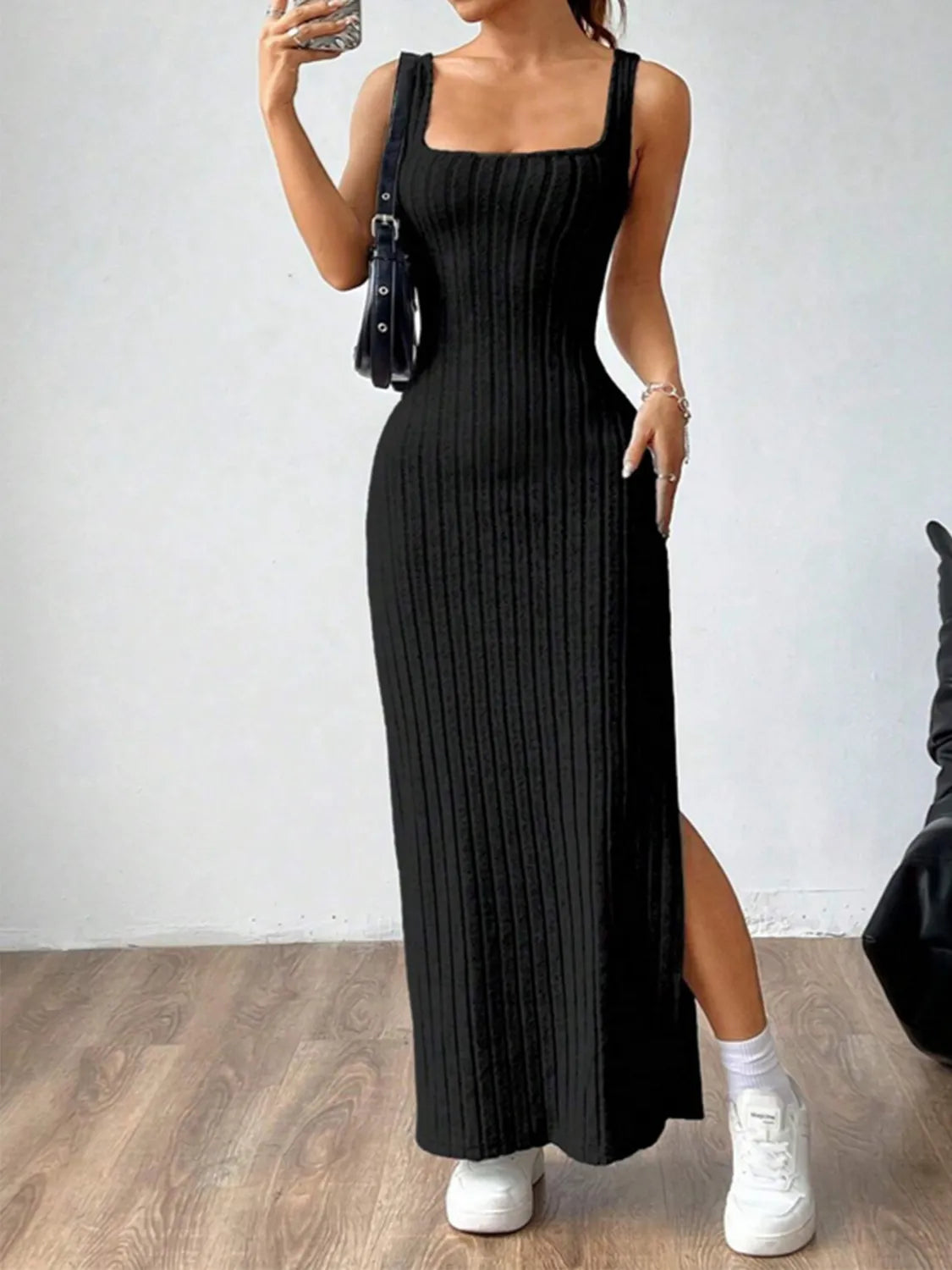 Cutout Square Neck Wide Strap Knit Dress - Tigbul's Variety Fashion Shop