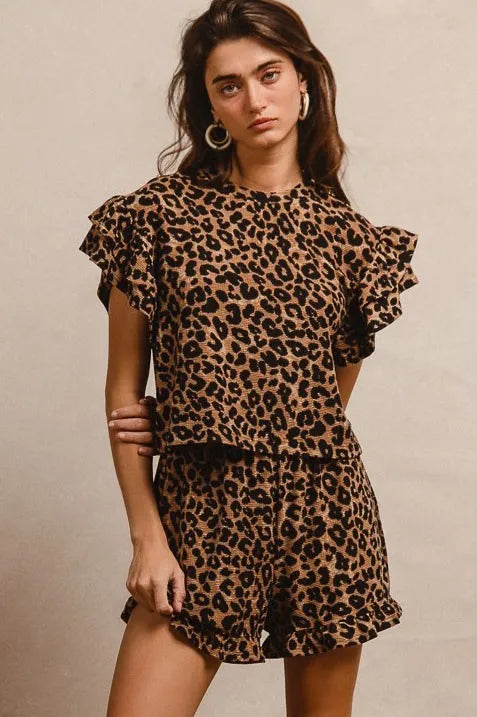 BiBi Leopard Print Waffle Texture Layered Ruffle Sleeve Top and Shorts Set - Tigbul's Variety Fashion Shop
