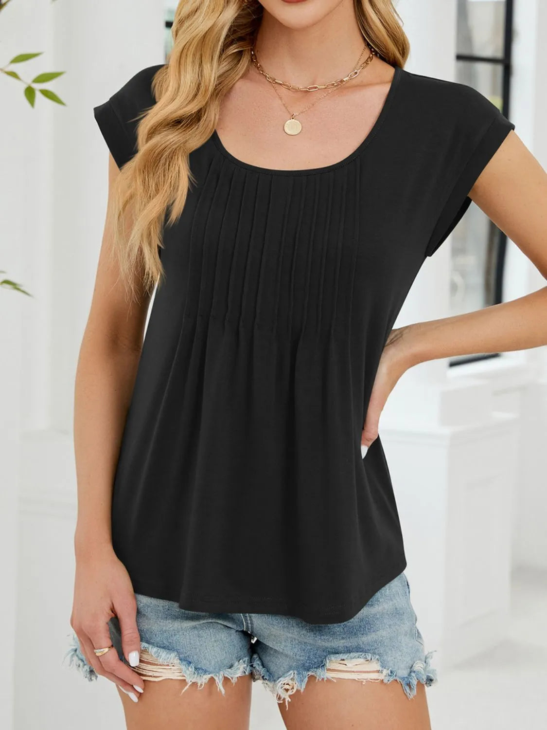 Pleated Front Scoop Neck T-Shirt - Tigbul's Variety Fashion Shop